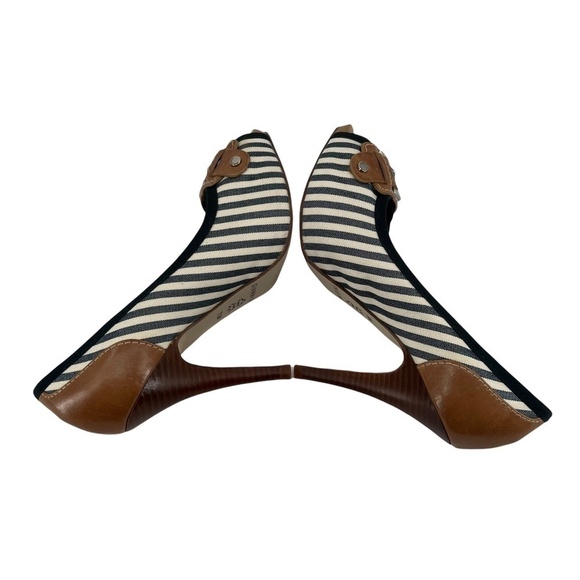 Gianni Bini Navy White Striped Peep Toe Buckle Heels Size 7 1/2 Women’s - Picture 5 of 14